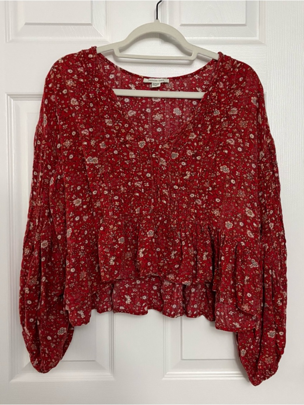 American Eagle Outfitters Red Floral V-Neck Peasant Blouse